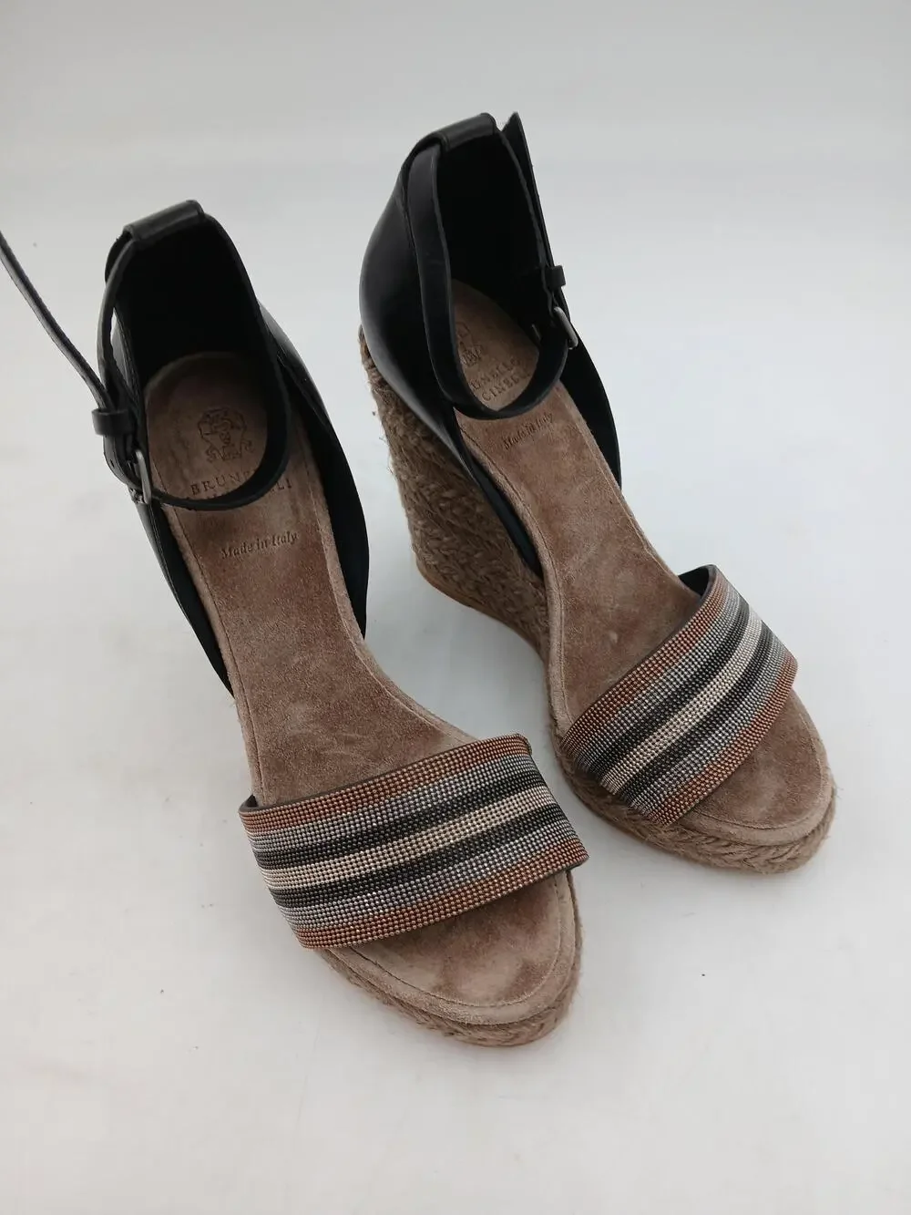 Brunello Cucinelli Shoes Womens Brown Leather Espadrille Wedge Sandals Size 7.5